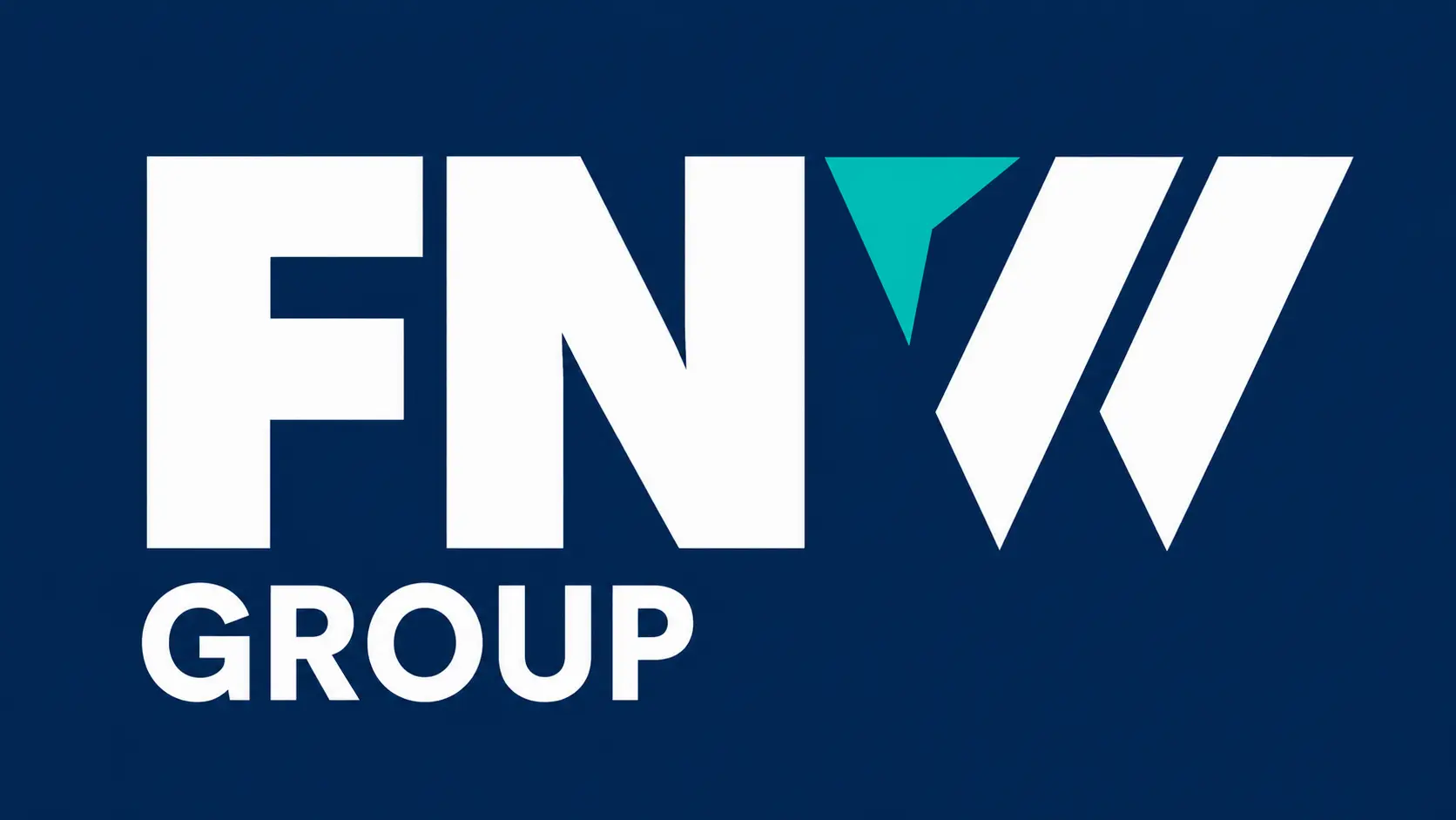 White "FNV GROUP" text with geometric shapes on a dark blue background; the "V" has a teal triangle above it.